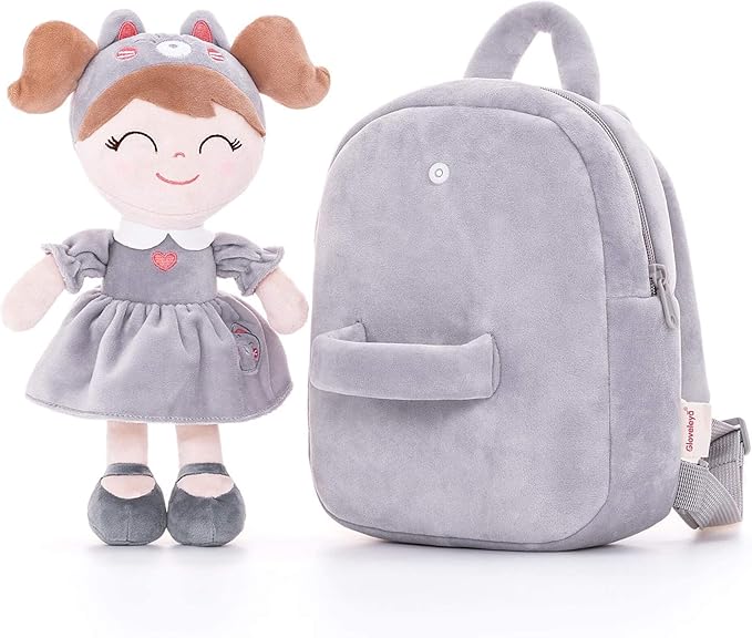 Gloveleya Back to School Gifts for Girls Cat Backpack Toddler Backpack Soft Plush Backpacks with Plush Doll Gray