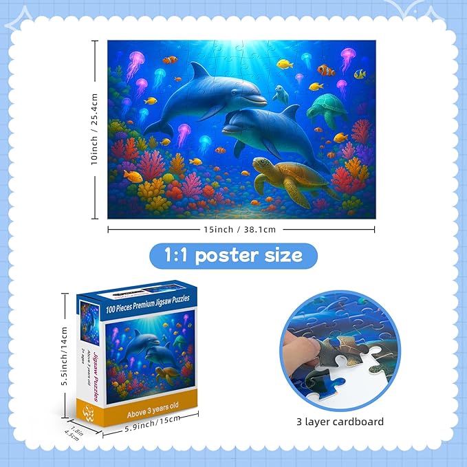 100-Piece Colorful Ocean Puzzles for Kids Ages 4-6 6-8 8-10, 100-Piece Jigsaw Puzzle with Dolphins, Sea Turtles, Fish & Coral โ Educational Toy for Boys & Girls โ Underwater Animal Puzzle Game