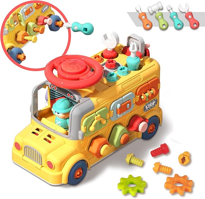 iPlay, iLearn Toddler Busy Bus Toy, Kids Take Apart School Bus W/Tools, Steering Wheel & Gears, Push Go Assemble Truck, STEM Learning Fine Motor Montessori Toy, Birthday Gifts 3 4 5 Year Old Boy Girl