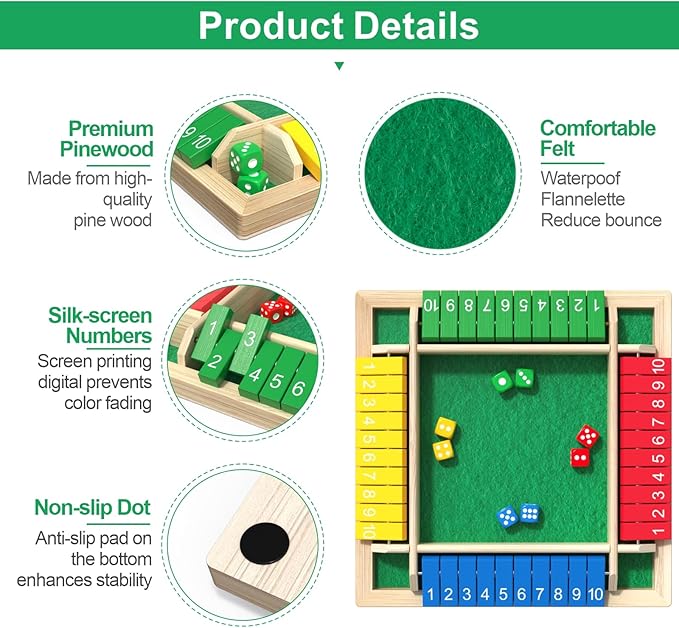 Shut The Box Game Wooden with Dice, 2-4 Player Math Strategy Game for Adults Kids - Close The Box Board Number Learning Activity, Family Travel Pub Games