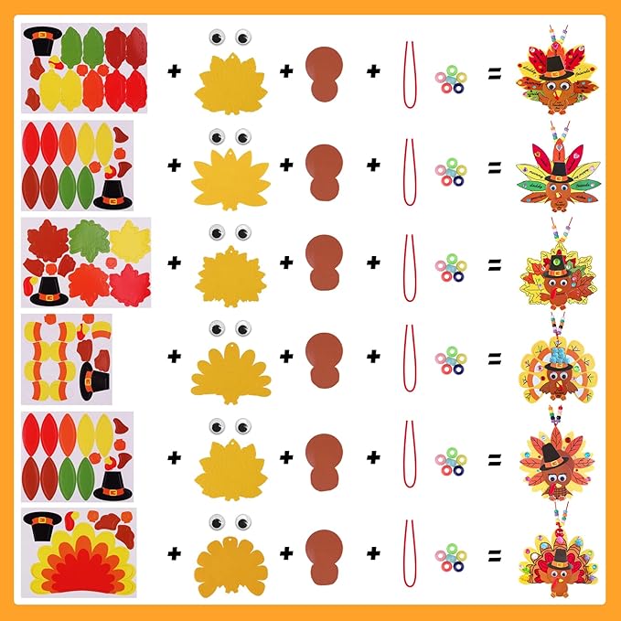 24 Sets Thanksgiving Turkey Ornaments Decorations Art Sets DIY Thanksgiving Craft Kits Fall Crafts Autumn Leaf Pumpkin Turkey Foam Stickers Arts and Crafts for Kids Party Classroom Activities