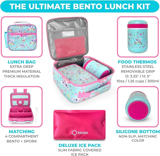 Bento Lunch Box for Kids with Thermo Food Jar for Hot Food Soup, Insulated Lunch Bag and Ice Cold Pack Set, Stainless Steel Lunch Thermal, Container Boxes with 4 Compartments, Koala