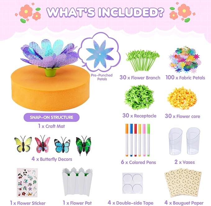 Fabric Flower Bouquets Toys - Flower Making Kit for Kids - DIY Flower Craft Kit, Gifts for 3 4 5 6 7 8 9 10 11 12 Year Old Girls, Preschool Learning Educational Activity Birthday Gifts Party Favors