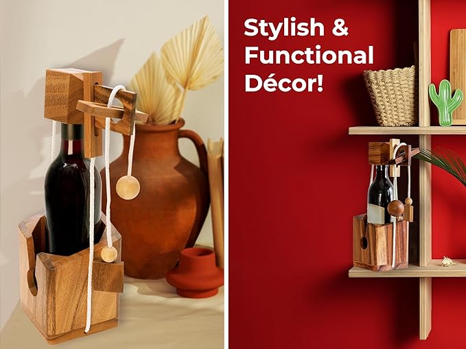 BSIRI Bottle Puzzle - Challenging 3D Wooden Bottle Holder and Bottle Lock Puzzle Games for Adults. Functional Bottle Storage, Ideal Bottle Lover Gifts, Fun Gifts, Game Night and Rustic Room Decor