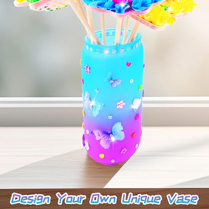 FJBICODA Poke Art Flower Bouquet Craft Kit - Arts and Crafts for Girls Ages 5-12 - Make Your Own Bouquet with 8 Flowers 2 Butterflies & 1 Vase - DIY Activities Gifts for 5 6 7 8 9 10+ Year Old Kids