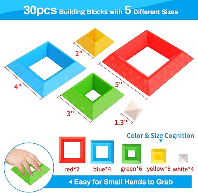 Montessori Toys for 1 2 3 4 Year Old Boys Girls Toddlers Preschool Learning Activities 30Pcs Building Blocks Stacking Educational Toys STEM Sensory Gifts for Kids Age 1-2 2-4