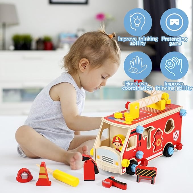 Wooden Fire Truck Toy – Take-Apart STEM Vehicle with Firefighter Tools & Shape Sorting, Montessori Educational Gift for Toddlers Boys Girls Ages 3+