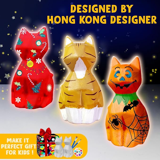 Goodyking Paint Your Own Cat Lamp Kit, 2pcs DIY Cat Crafts Night Light, Arts & Crafts for Kids Ages 8-12, Painting Kit for Girls Boys Age 4 5 6 7 8+, Art Supplies Creative Gift for Birthday, Party