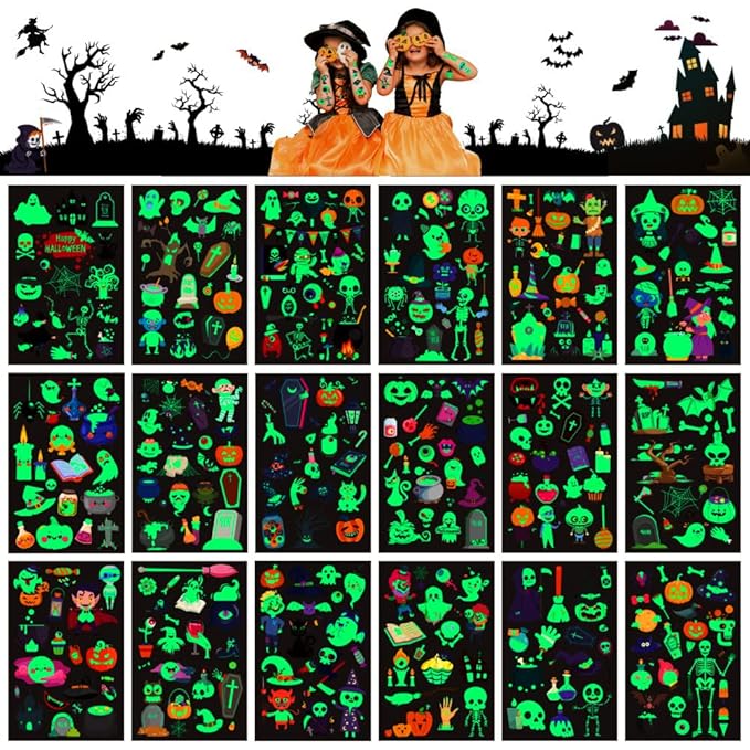 Luminous Halloween Temporary Tattoos for Kids - 360 Pieces Halloween Glow In The Dark Tattoos for Boys and Girls,Bulk Halloween Prizes Treat or Trick Party Favor Goody Bag Stuffers 20 Sheets