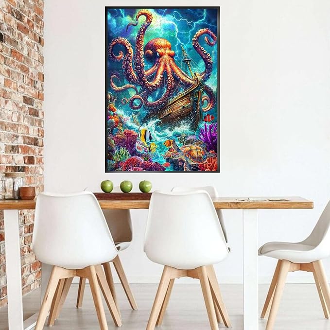 Octopus Ocean Puzzle for Adults 1000 Pieces Octopus Pirate Ship Ocean Sea Jigsaw Puzzles Marine Artwork Colorful and Fun Challenging Puzzle for Game Nights