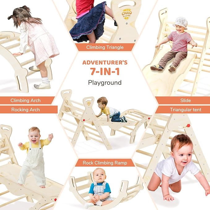Pikler Triangle Set 7-in-1 Foldable Montessori Wooden Climbing Toys for Toddlers 1-5 Years Indoor Jungle Gym with Slide, Arch Ladder & Ramp Solid Wood Baby Activity Climber