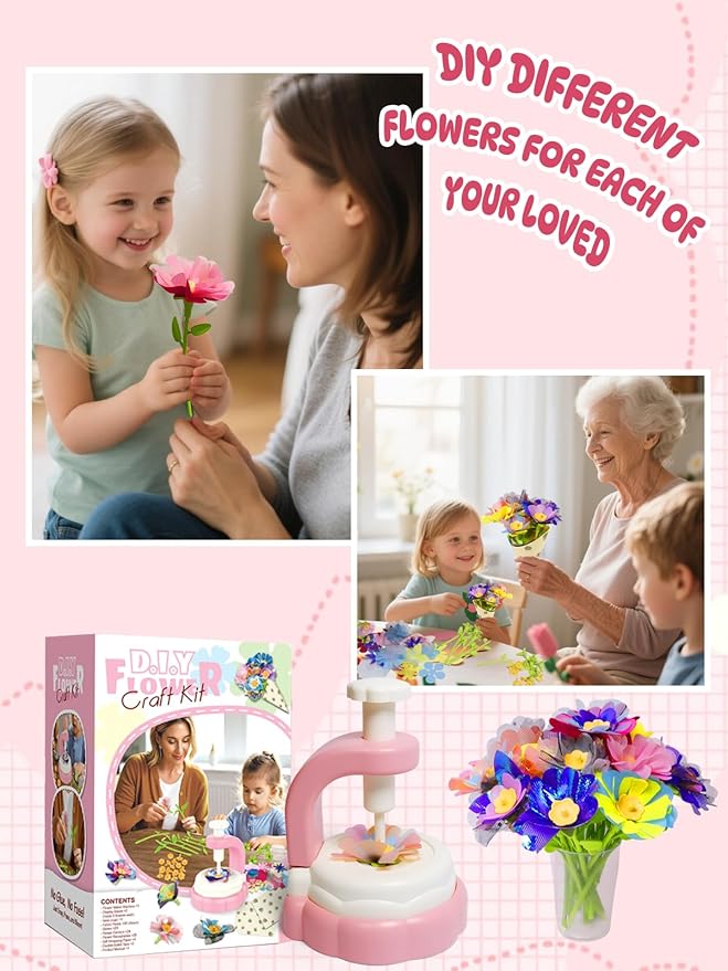 DIY Flower Bouquet Kit - Fabric Flower Bouquets Kids Toys for 3+ Years Old Girls, Birthday Preschool Kindergarten Pink Supplies Gift Set, Art Activities Presents with Wrapping Paper Display Base
