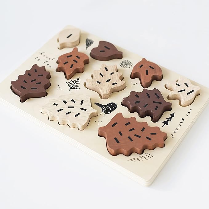 Wee Gallery Wooden Tray Puzzle Count to Ten Leaves, Montessori Toy for Toddlers and Preschoolers for Early Learning and Fine Motor Skill Development, Sustainable Educational Puzzle for Kids