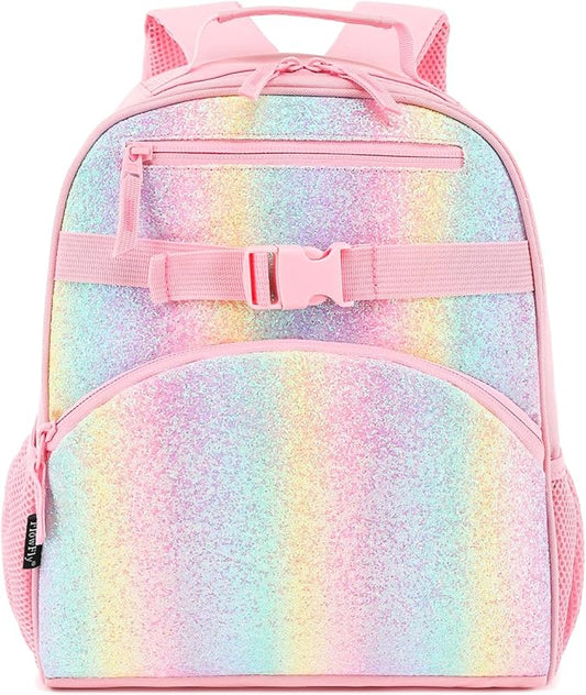 FlowFly Kids Backpack for Toddler Boys Girls, Simple Lightweight Bookbag for Daycare Kindergarten Elementary School Travel, Small Modern Bag (Large, Glitter-Rainbow)