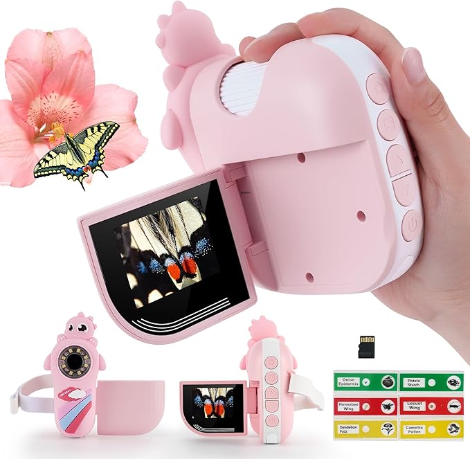 Dino Microscope for Kids, 1000x Portable Digital Microscope Camera with 2" Screen, Educational Science Kit Birthday Gifts for Kid Age 4-12, 32GB TF Card Included