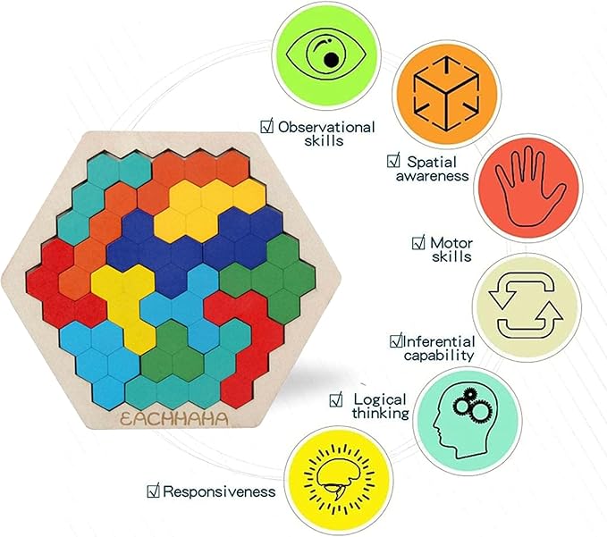 3-in-1 Wooden Blocks Puzzle Set,Hexagon Wooden Puzzle + Wood Russian Blocks + Tangram Puzzle for Kids,Intelligence Brain Teasers Toy STEM Educational Gift for Children(with Storage Bag)
