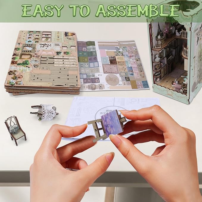 CRIOLPO Book Nook Kit - DIY Doll House Booknook, Book Nook Miniature Kit for Bookshelf Insert Decor Craft for Adult Teen Halloween, 3D Wooden Puzzle Bookends with Sensor Led Light