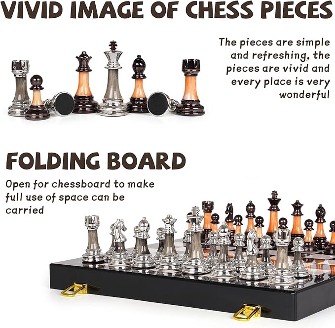 15" Large Chess Set for Adults and Kids With Weighted Acrylic Pieces, 3.5" King & Portable Folding Marbling Wooden Board - Travel Set, Family Board Game Gift, Elegant Classic Game