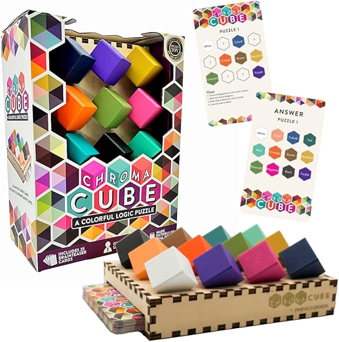 Project Genius: Chroma Cube, A Colorful Logic Puzzle, 12 Colorful Wood Blocks, 25 Brainteaser Cards, Puzzle, Great Gift, 1 Player Game Logic