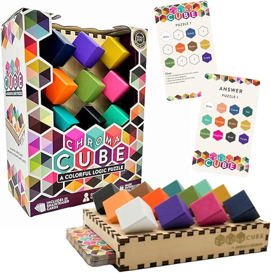 Project Genius: Chroma Cube, A Colorful Logic Puzzle, 12 Colorful Wood Blocks, 25 Brainteaser Cards, Puzzle, Great Gift, 1 Player Game Logic