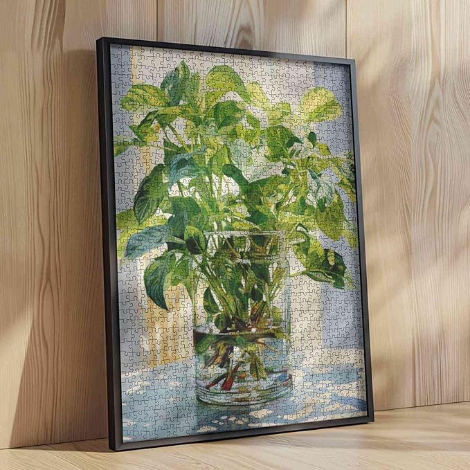 1000 Piece Jigsaw Puzzles for Adults Green Plants in Glass Vase Picture Jigsaw Puzzle Plant 1000 Pieces Puzzles Game Green Leaves Wall Decor DIY Craft Puzzle Relaxing Puzzle Art