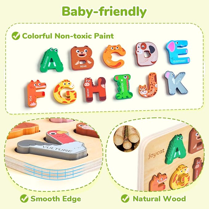 JoyCat Wooden Animal Alphabet Puzzles for Toddlers 1-3, 26 Letter Pieces, Montessori ABC Learning Toy, Gifts for 1 2 3 4 5 Year Old Boy Girl, Preschool Learning Activities