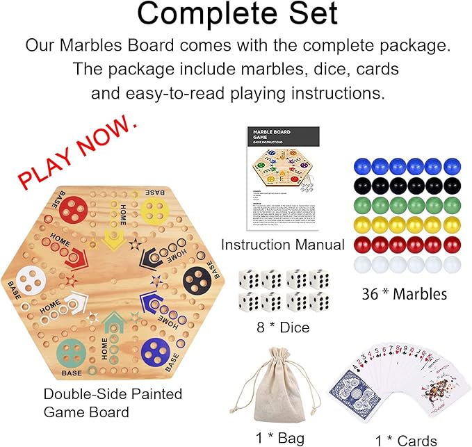 Original Marble Game Wahoo Board Game 20-Inch Double Side Painted Wooden Fast Track Board Game for 6 Player and 4 Player, 6 Colors 36 Glass Marbles 8 Dice for Family Game Night, Friends Party