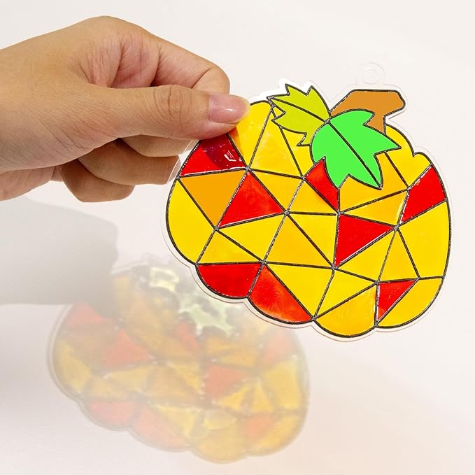 WorldBazaar Fall Suncatchers Craft Ornaments 24 Sets Pumpkin Window Art Suncatchers Decoration Thanksgiving Fall Harvest Classroom Activity Party Supplies