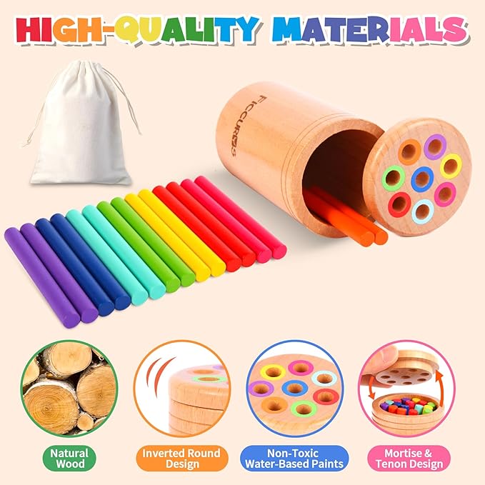 Toddler Montessori Toys,Baby Wooden Color Sorting Stick Toys for 18 Months Old Toddlers,Fine Motor Toys Sensory Matching Games, Kids Educational Toys for Boys Girls Gifts
