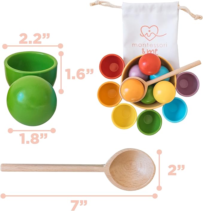 Montessori Large Rainbow Colored Sorting Ball in Cup | Preschool Color Matching Toy | Gross Motor Transfer Activity | 6 Toddler Safe Wooden Balls 46mm in Diameter - Non-Choking-Hazard