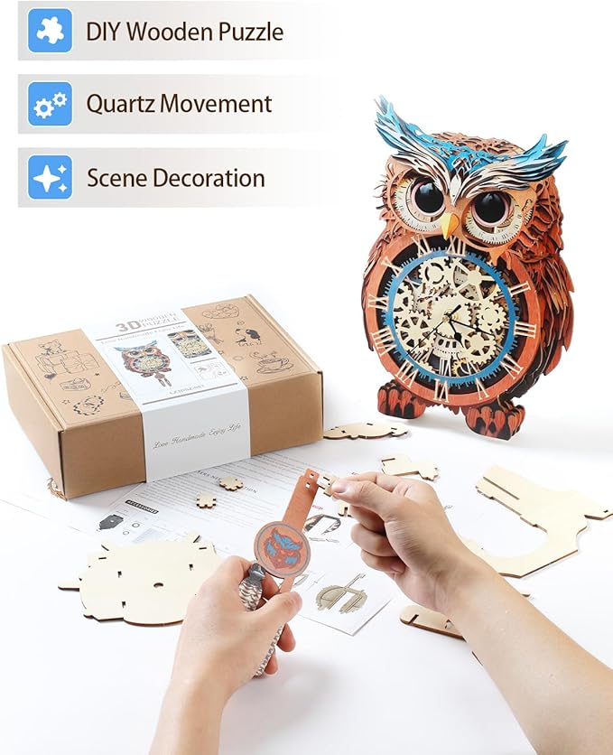 3D Wooden Puzzles for Adults, Wooden Puzzles for Adult Owl Clock DIY Kit with Pendulum, Beginner 22 Pcs 3D Puzzles, Creative Gift Ideas for Adults Teens