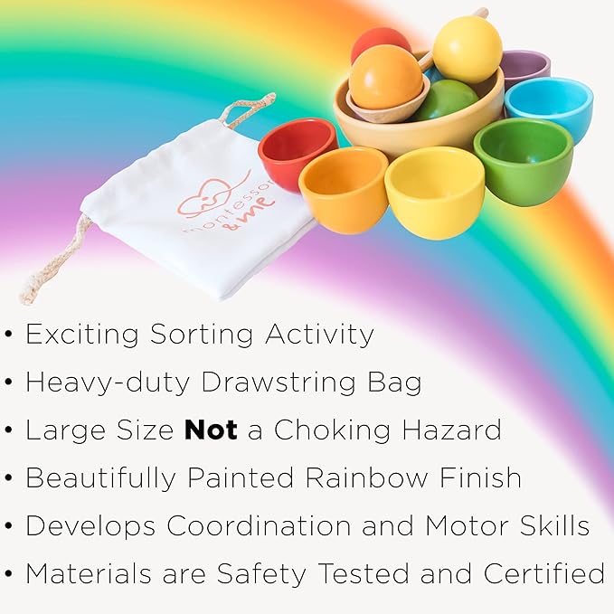 Montessori Large Rainbow Colored Sorting Ball in Cup | Preschool Color Matching Toy | Gross Motor Transfer Activity | 6 Toddler Safe Wooden Balls 46mm in Diameter - Non-Choking-Hazard