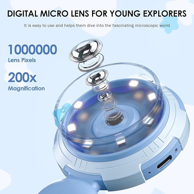 Kids Microscope with 100X Magnification,Minilabbies Handheld Portable Digital Digiscope for Children, Rechargeable STEM Educational Toy with LED Light, Science Kit Gift for Boys & Girls Ages 3+