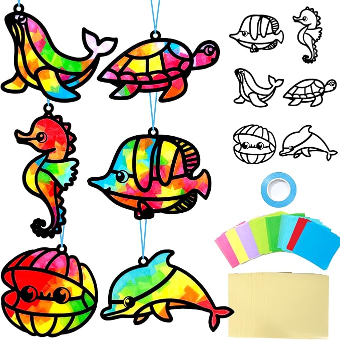 Qyeahkj 36 Set Sea Animal Suncatcher Crafts for Kids DIY Under The Sea Window Tissue Paper Craft Kit Ocean Animal Hanging Decor for Summer School Home Activity Art Project Birthday Party Favor Gift