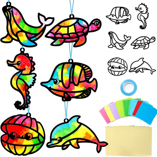 Qyeahkj 36 Set Sea Animal Suncatcher Crafts for Kids DIY Under The Sea Window Tissue Paper Craft Kit Ocean Animal Hanging Decor for Summer School Home Activity Art Project Birthday Party Favor Gift