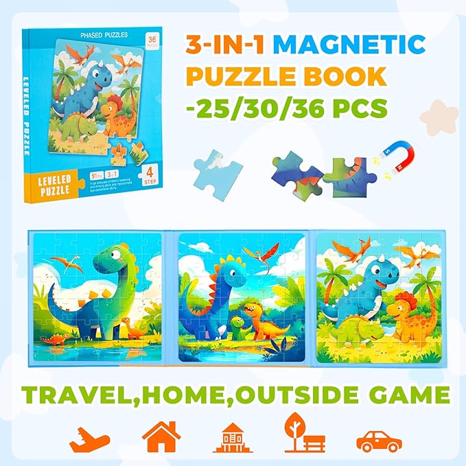 Dinosaur Puzzles Toys for Kids Ages 3-5, Magnetic Jigsaw Puzzles 3 Pack 25/30/36 Piece Travel Toys with Storage Bag,Dino Puzzles for Kids Birthday for 3 4 5 Year Old Boys Girls