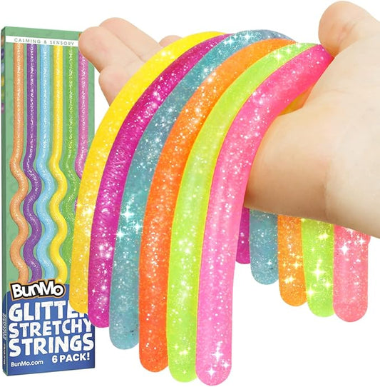 BUNMO Sensory Toys Stretchy Strings for Toddlers 3+ - Stimulating & Addictive Fidget Toys for Kids - Hours of Fun for Kids - Non-Mouthable Toy 3+ - Glitter 6 Pack