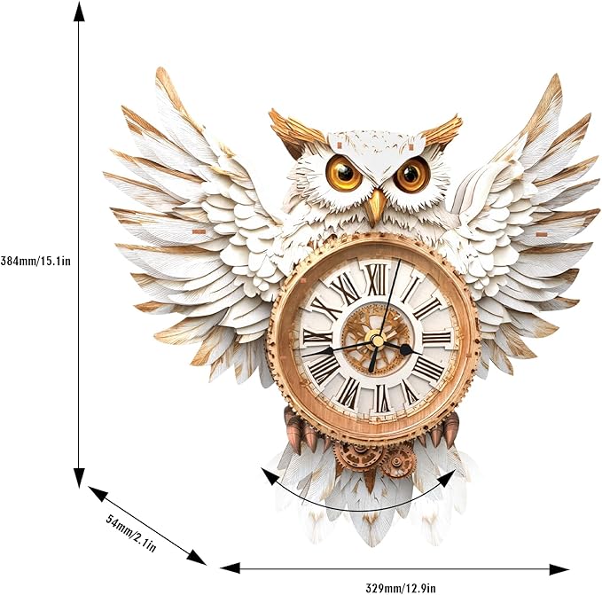 KAAYEE 3D Puzzle for Adult, Wooden Snowy Owl Pendulum Clock Mechanical Model Kit, 31 PCS DIY Vintage Wall Clock Building Kit, Creative Craft Gift for Birthday Home Decor (Battery Not Included)