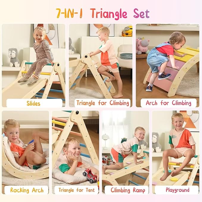 Pikler Triangle Set with Cushion, 7 in 1 Toddler Climbing Toys Indoor, Montessori Foldable Climbing Set, Wooden Climbing Toys for Toddlers 1-3 Inside with Ramp, Arch and Ladder (Rainbow)
