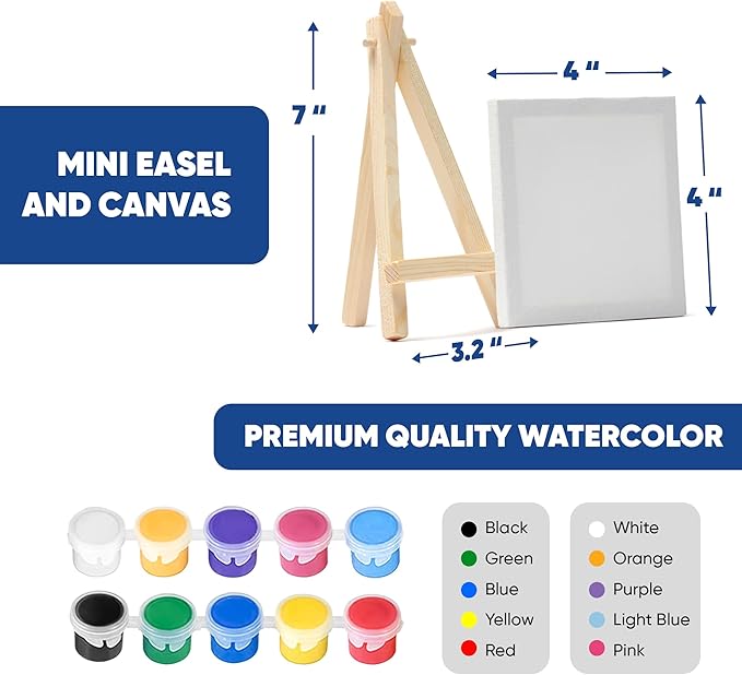 Mini Canvas and Easel Set with 10 Colors Acrylic Paint in Bulk Set of 12 - Kids Art Party Favors & Party Supplies - 4x4 Small Canvases for Painting with Mini Easel - Paint for Kids