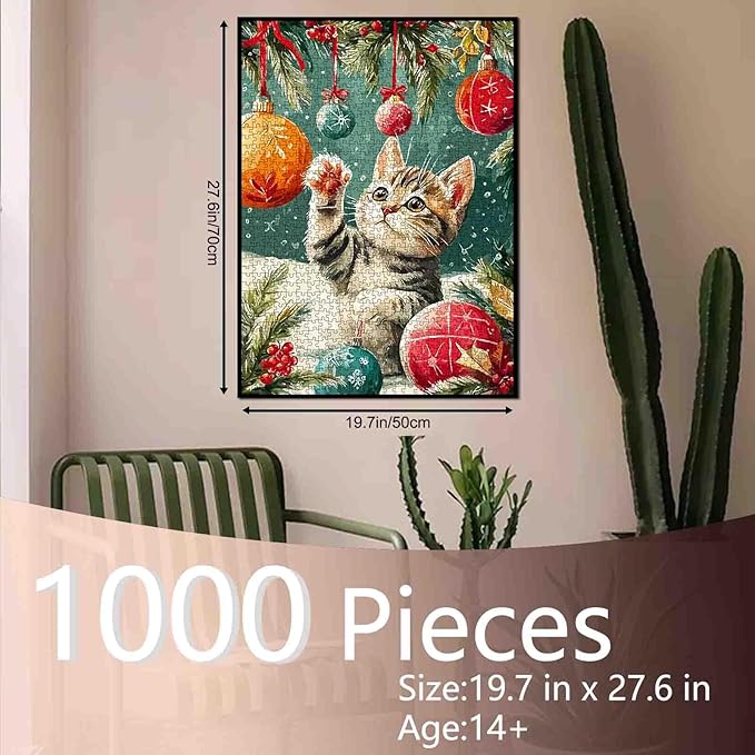 Merry Christmas 1000 Piece Jigsaw Puzzles for Adults Cat Playing with Xmas Balls Painting Jigsaw Puzzle 1000 Animal/Wildlife Puzzles 20''x27”inch DIY Craft Puzzle Art Wall Decor Family Challenging