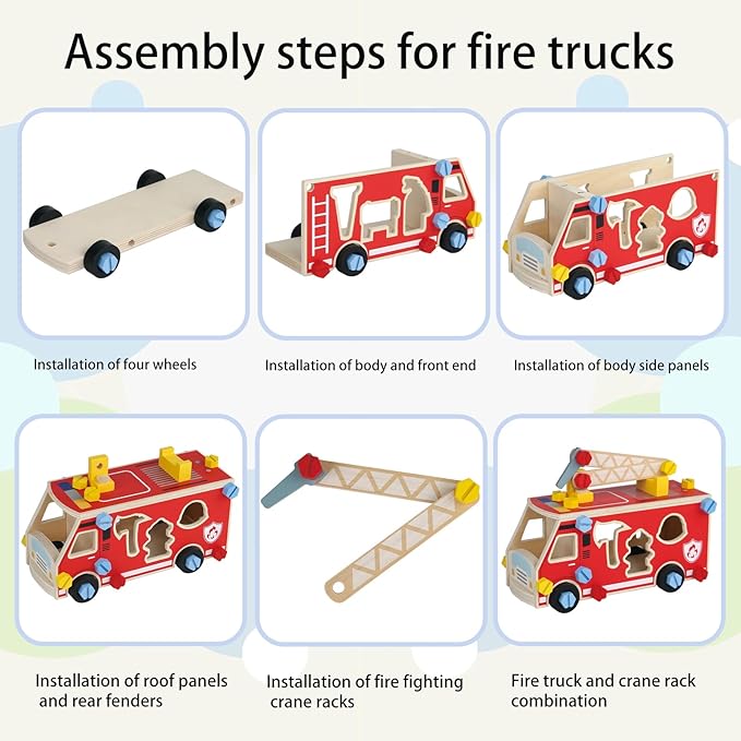 Wooden Fire Truck Toy – Take-Apart STEM Vehicle with Firefighter Tools & Shape Sorting, Montessori Educational Gift for Toddlers Boys Girls Ages 3+