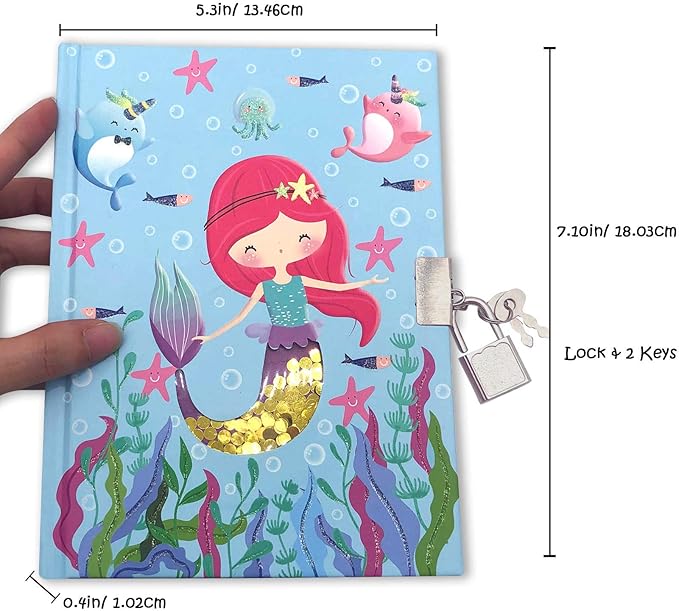 GINMLYDA Girls Diary with Lock for Kids, Mermaid Diaries 7.1x5.3 160 Pages Cute Girl Journal Secret Notebook with Lock and Key for Little Kid Writing Drawing Gift for Pre school Age 6,8,12
