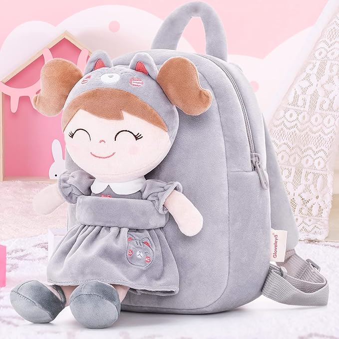 Gloveleya Back to School Gifts for Girls Cat Backpack Toddler Backpack Soft Plush Backpacks with Plush Doll Gray