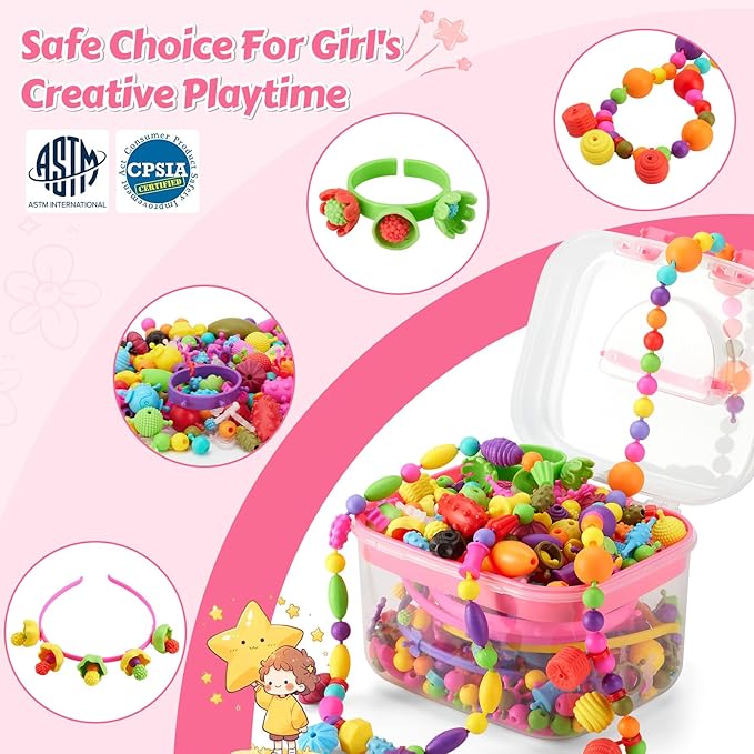 Arthopt Pop Beads, Jewelry Making Kit for 3 4 5 6 7 8 Years Old Girls, Arts and Crafts for Kids,Large Snap Beads DIY Necklace Bracelets Ring Set, Birthday Party Holiday Gift