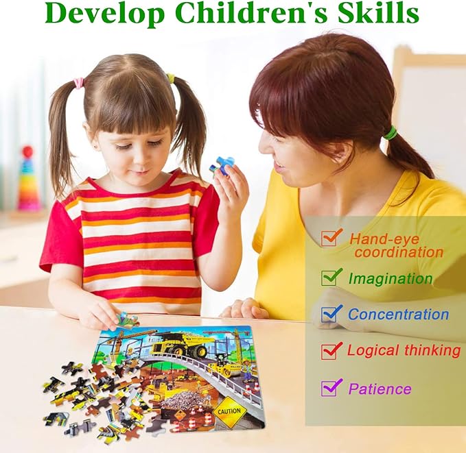 LELEMON Puzzles for Kids Ages 4-8,Construction Site 100 Piece Puzzles for Kids,Educational Kids Puzzles Jigsaw Puzzles in a Metal Box,Children 100 Piece Puzzle Games Puzzle Toys for Girls and Boys