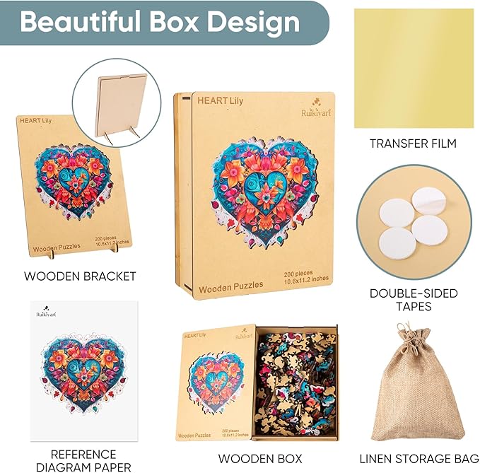 Ruikiyart Wooden Puzzles for Adults, 5MM 500 PiecesLily Heart Flower Wooden Jigsaw Puzzle, Unique Shapes Puzzles Great Gift for Adults and Kinds on Birthday, Christmas (16.7"x15.8")