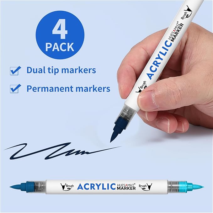 Dual Tip Brush Markers, 4 Pack Double Ended Acrylic Paint Pens - Permanent Water-Based for Rock Painting, Wood, Metal, Ceramic, Glass, Crafts & Kids Art Assorted Colors