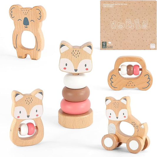 Freniland Wooden Montessori Toys, 5-Piece Wooden Baby Toys, Koala Wooden Baby Rattle, Fox Stacking Ring Baby Toys, Little Fox Wooden Baby Push and Pull Toys,Newborn Baby Gift Sets for Boys and Girls