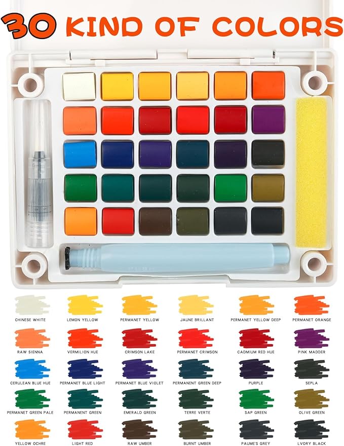 Watercolor Painting Set, Travel Paint Set Graspable Paint Set Portable Watercolor Sketching Kit with Water Pen,24 Sheets Watercolor Papers,3 Tutorial Video-30colors